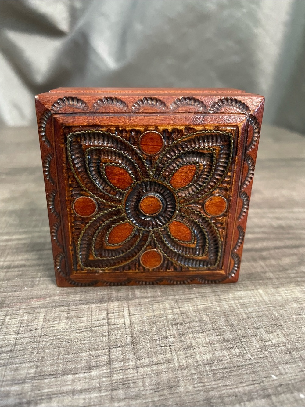 Vintage Hand Carved Polish Wooden Trinket Box - Floral Pyrography & Brass Accent